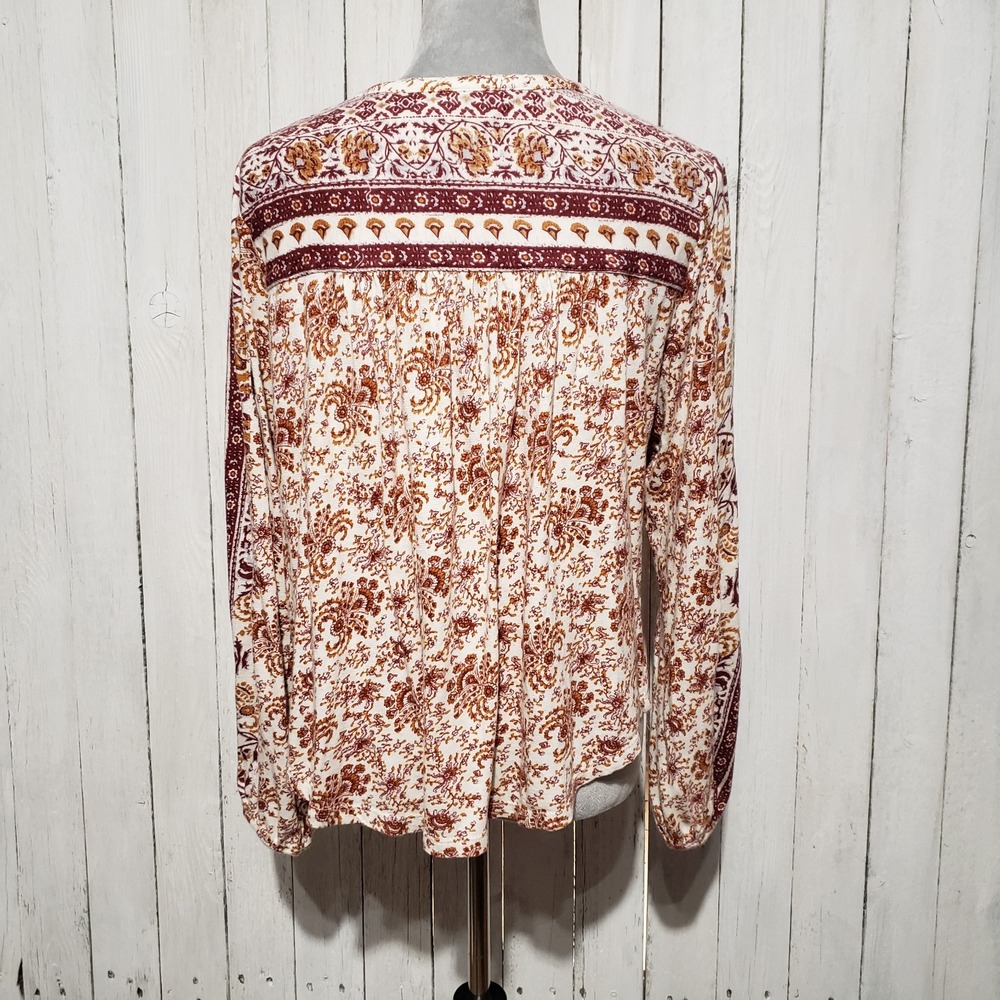 Lucky Brand L Knit Top Cream Burgundy Floral Tassel Sequins Lace Cottage Boho - Picture 5 of 9